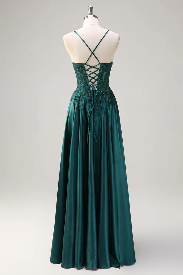 Dark Green A-Line Spaghetti Straps Satin Beaded Long Prom Dress with Appliques simple gentle atmospheric and unique desi