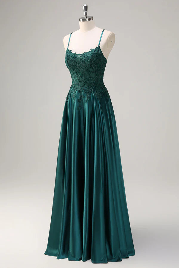 Dark Green A-Line Spaghetti Straps Satin Beaded Long Prom Dress with Appliques simple gentle atmospheric and unique desi