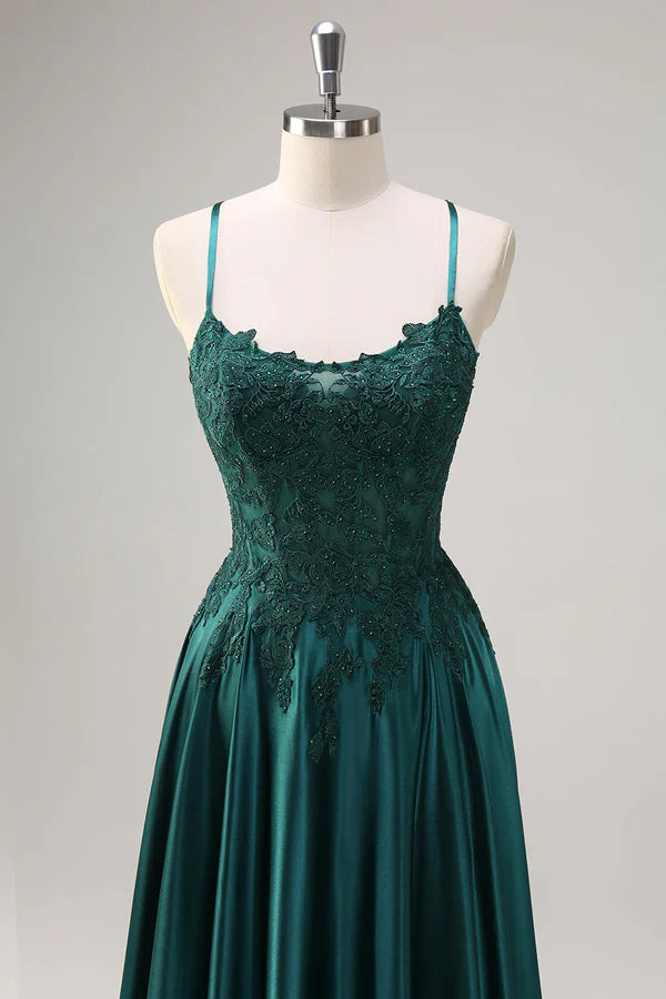Dark Green A-Line Spaghetti Straps Satin Beaded Long Prom Dress with Appliques simple gentle atmospheric and unique desi