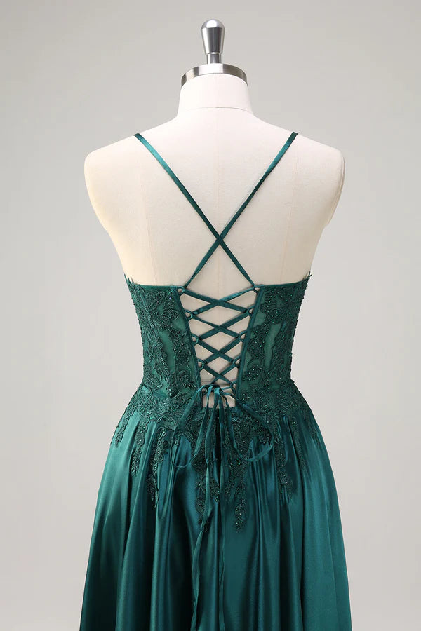 Dark Green A-Line Spaghetti Straps Satin Beaded Long Prom Dress with Appliques simple gentle atmospheric and unique desi