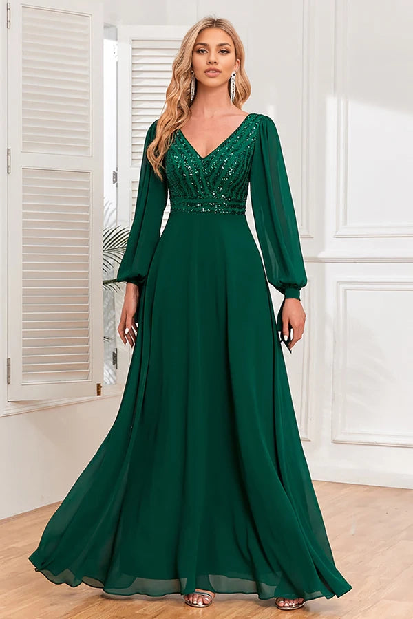 Dark Green A-Line V Neck Long Prom Dress With Sequins simple gentle atmospheric and unique desi