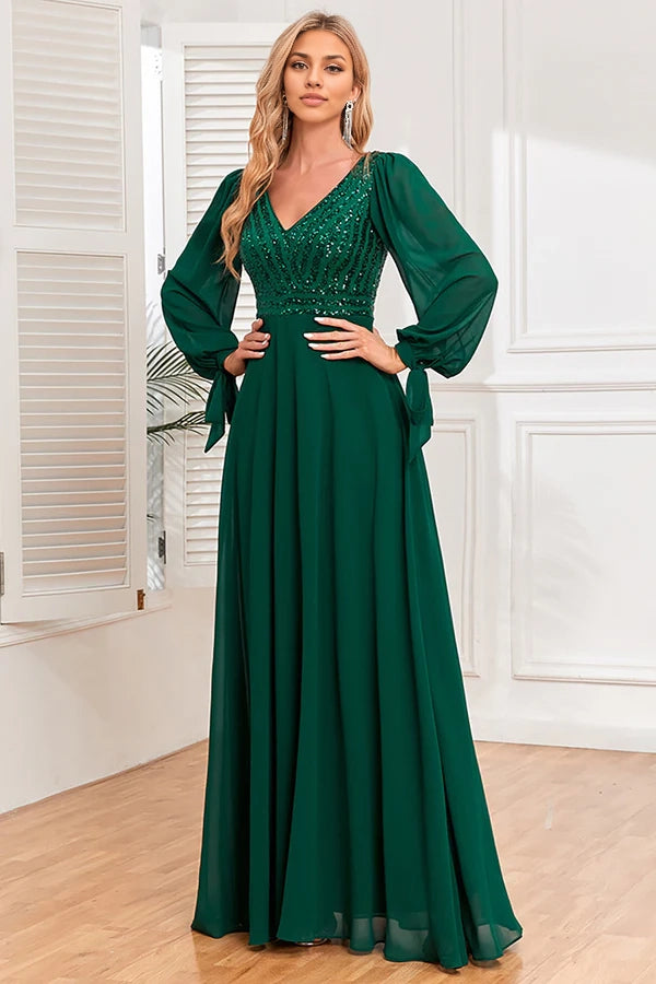Dark Green A-Line V Neck Long Prom Dress With Sequins simple gentle atmospheric and unique desi