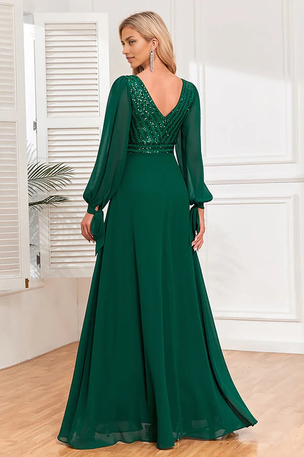 Dark Green A-Line V Neck Long Prom Dress With Sequins simple gentle atmospheric and unique desi