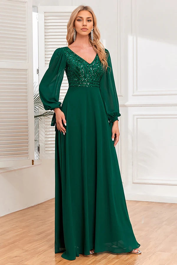 Dark Green A-Line V Neck Long Prom Dress With Sequins simple gentle atmospheric and unique desi