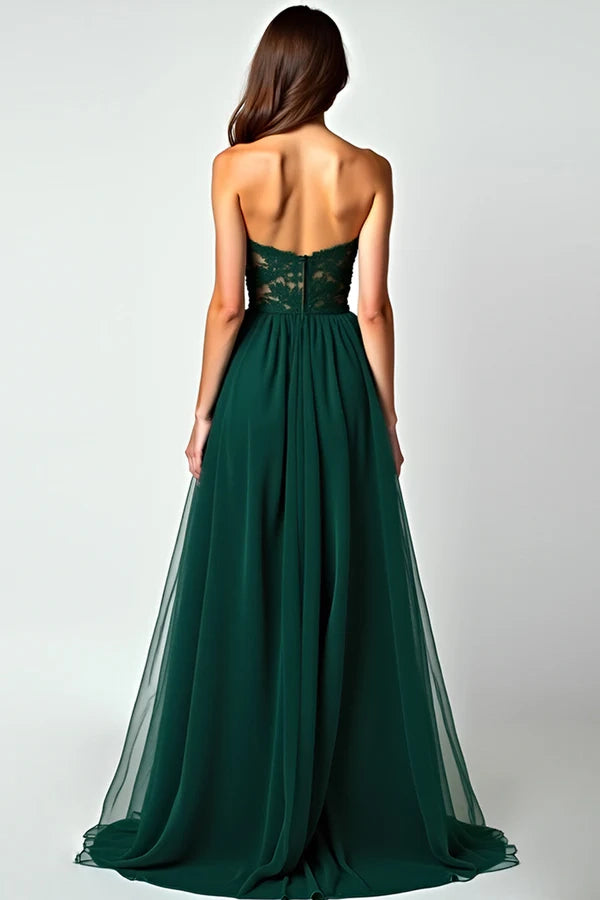 Dark Green A Line Strapless Lace Slit Long Prom Dress simple gentle atmospheric and unique desi Bring summer colors to enhance whiteness
