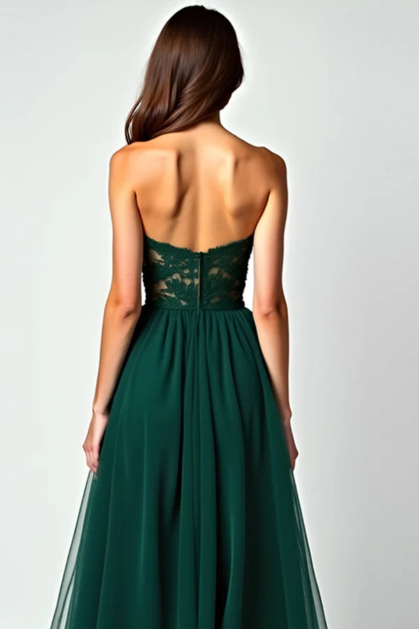 Dark Green A Line Strapless Lace Slit Long Prom Dress simple gentle atmospheric and unique desi Bring summer colors to enhance whiteness