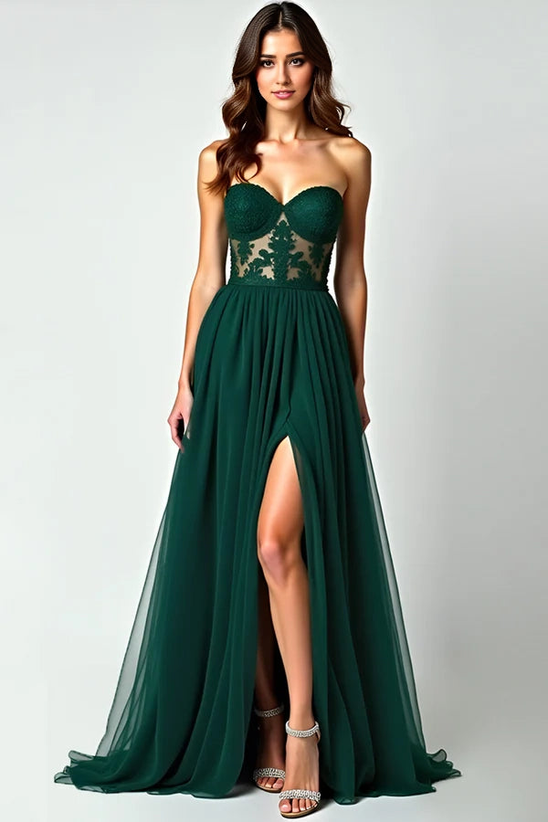 Dark Green A Line Strapless Lace Slit Long Prom Dress simple gentle atmospheric and unique desi Bring summer colors to enhance whiteness