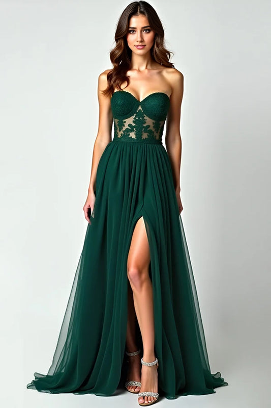 Dark Green A Line Strapless Lace Slit Long Prom Dress simple gentle atmospheric and unique desi Bring summer colors to enhance whiteness
