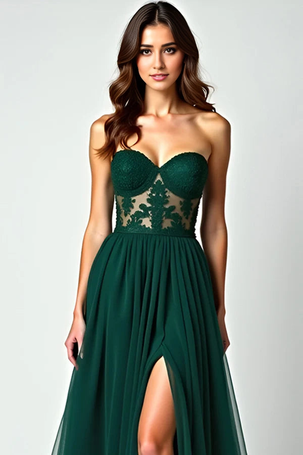 Dark Green A Line Strapless Lace Slit Long Prom Dress simple gentle atmospheric and unique desi Bring summer colors to enhance whiteness