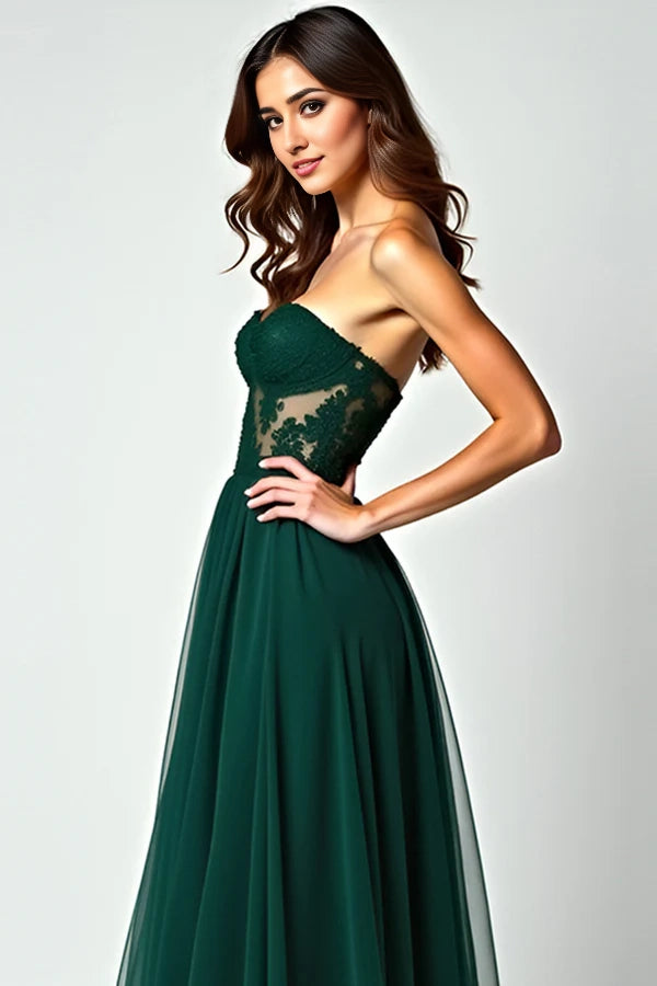 Dark Green A Line Strapless Lace Slit Long Prom Dress simple gentle atmospheric and unique desi Bring summer colors to enhance whiteness