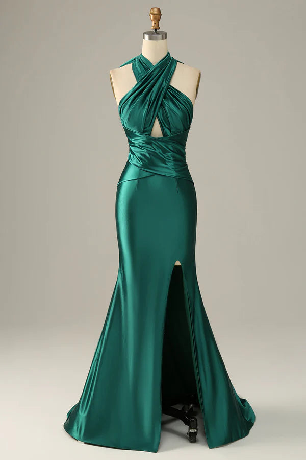 Dark Green Halter Lace Up Mermaid Prom Dress With Slit Simple gentle atmospheric and unique design ﻿