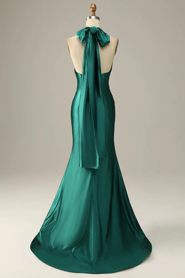 Dark Green Halter Lace Up Mermaid Prom Dress With Slit Simple gentle atmospheric and unique design ﻿