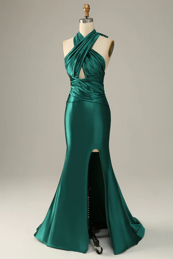 Dark Green Halter Lace Up Mermaid Prom Dress With Slit Simple gentle atmospheric and unique design ﻿