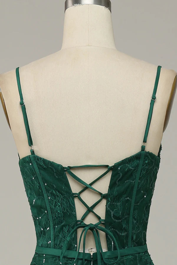 Dark Green Lace Spaghetti Straps Corset Prom Dress Simple gentle atmospheric and unique design ﻿
