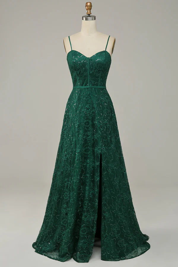 Dark Green Lace Spaghetti Straps Corset Prom Dress Simple gentle atmospheric and unique design ﻿