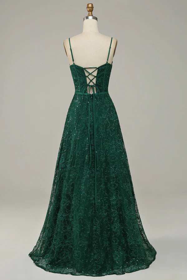 Dark Green Lace Spaghetti Straps Corset Prom Dress Simple gentle atmospheric and unique design ﻿