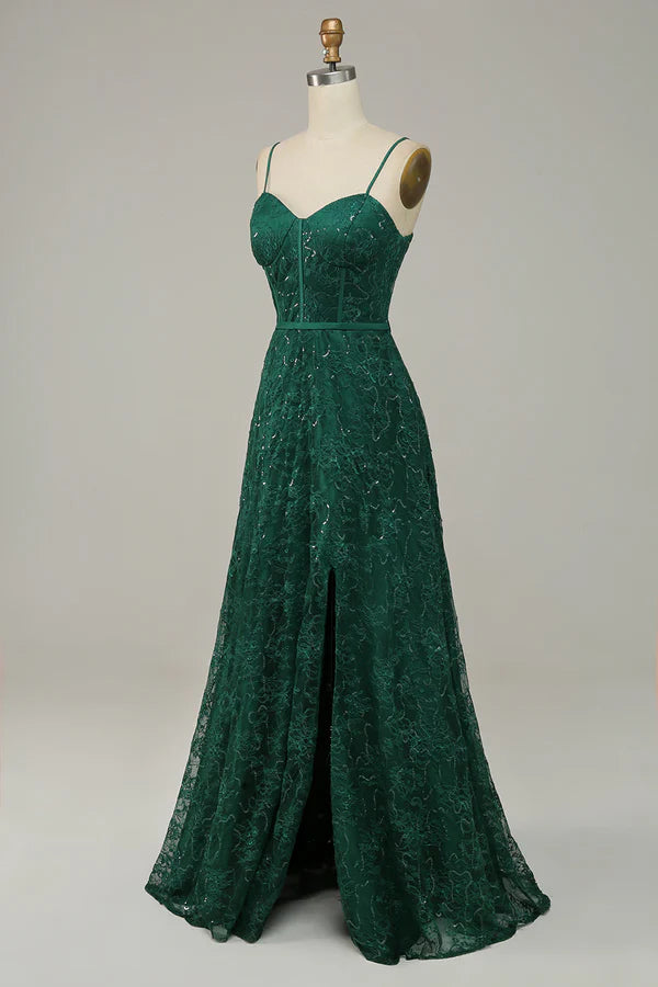 Dark Green Lace Spaghetti Straps Corset Prom Dress Simple gentle atmospheric and unique design ﻿
