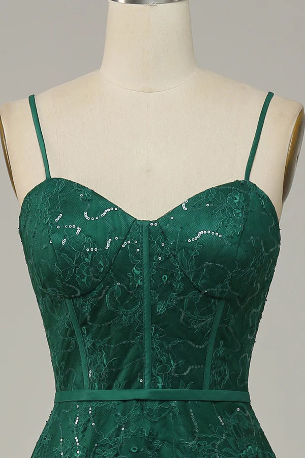 Dark Green Lace Spaghetti Straps Corset Prom Dress Simple gentle atmospheric and unique design ﻿