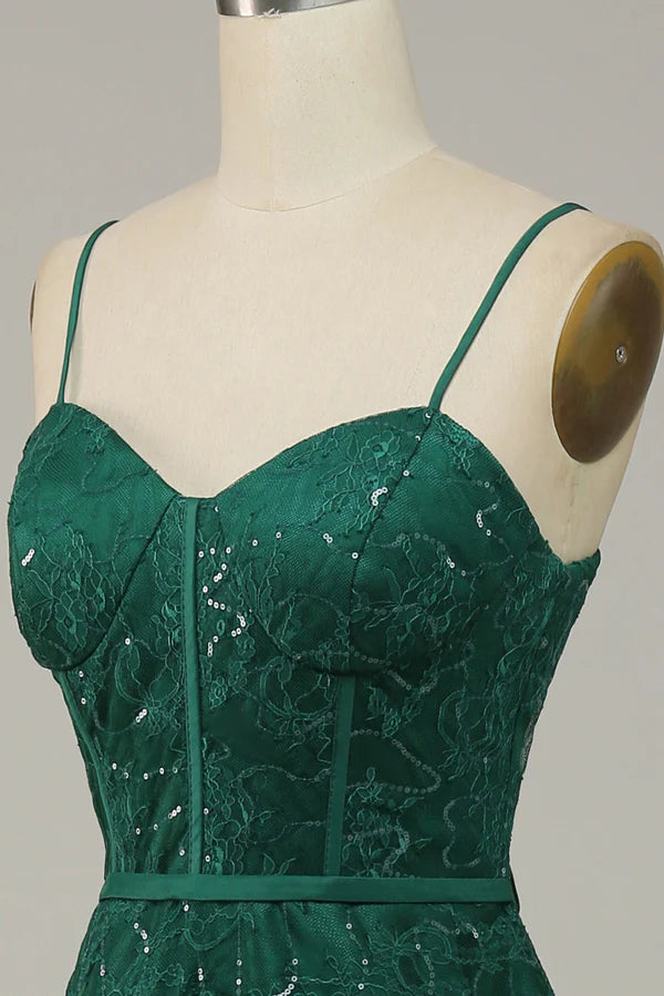 Dark Green Lace Spaghetti Straps Corset Prom Dress Simple gentle atmospheric and unique design ﻿
