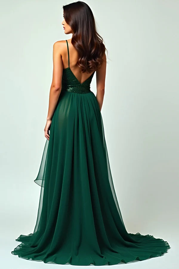 Dark Green Long Ruffled Spaghetti Straps Prom Dress with Slit simple gentle atmospheric and unique desi Bring summer colors to enhance whiteness