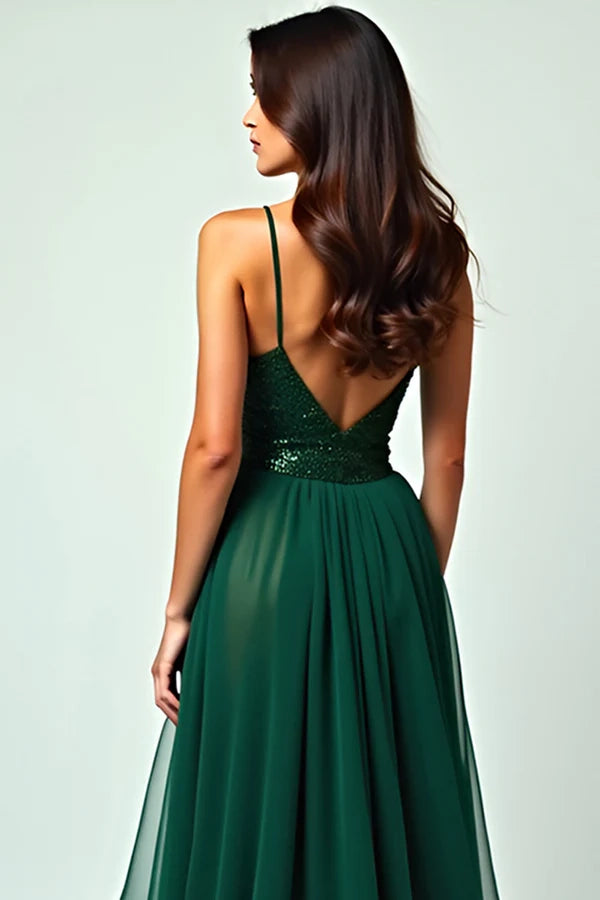 Dark Green Long Ruffled Spaghetti Straps Prom Dress with Slit simple gentle atmospheric and unique desi Bring summer colors to enhance whiteness