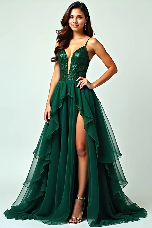 Dark Green Long Ruffled Spaghetti Straps Prom Dress with Slit simple gentle atmospheric and unique desi Bring summer colors to enhance whiteness