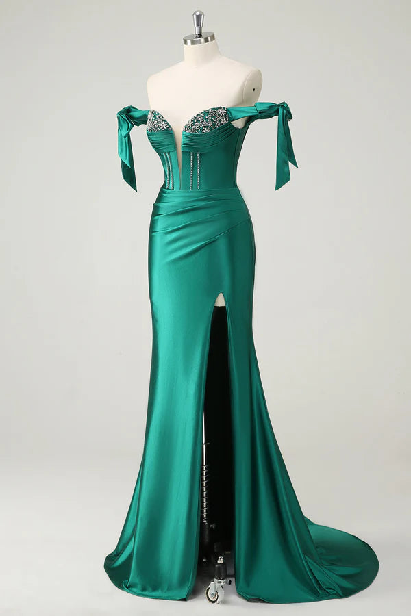Dark Green Mermaid Off The Shoulder Sequin Prom Dress with Slit simple gentle atmospheric and unique desi Bring summer colors to enhance whiteness
