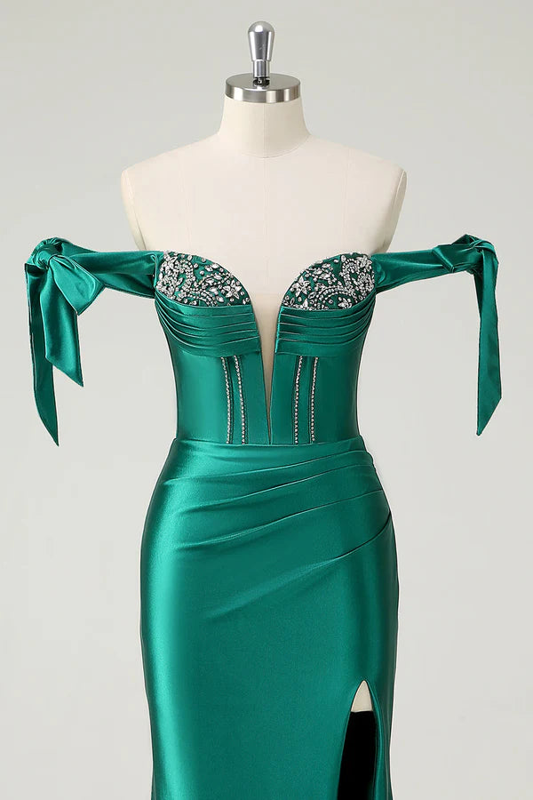 Dark Green Mermaid Off The Shoulder Sequin Prom Dress with Slit simple gentle atmospheric and unique desi Bring summer colors to enhance whiteness