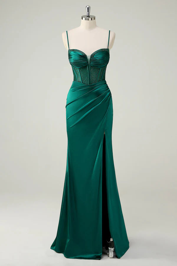 Dark Green Mermaid Spaghetti Straps Corset Long Prom Dress With Slit simple gentle atmospheric and unique desi