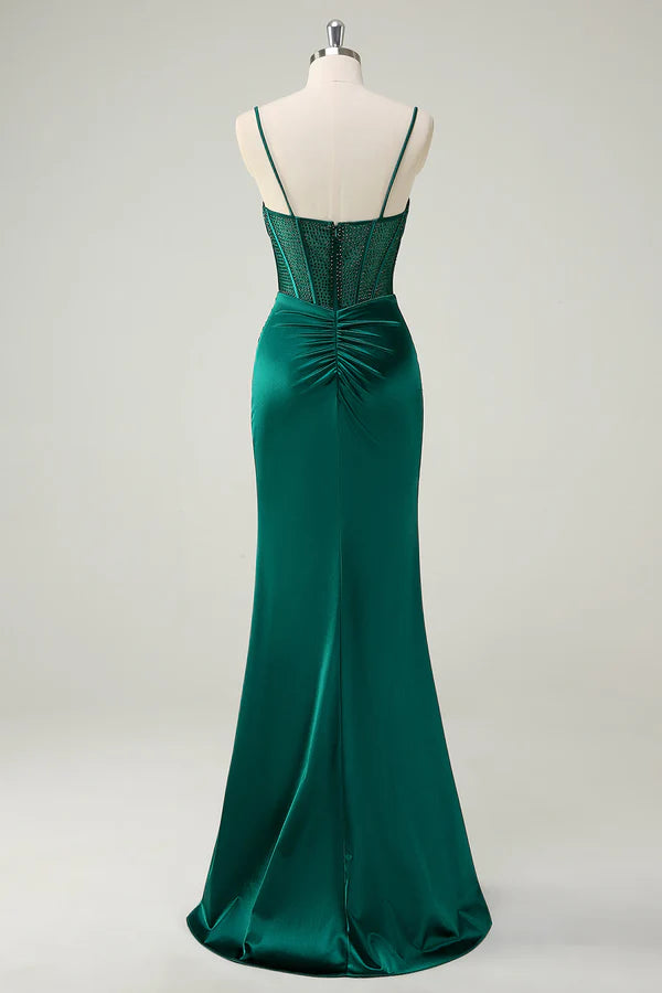 Dark Green Mermaid Spaghetti Straps Corset Long Prom Dress With Slit simple gentle atmospheric and unique desi