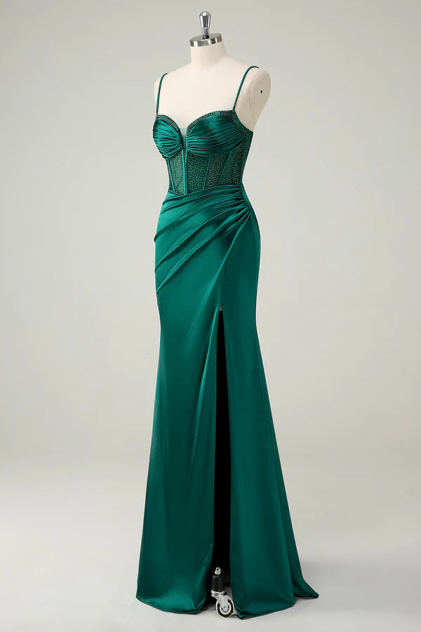 Dark Green Mermaid Spaghetti Straps Corset Long Prom Dress With Slit simple gentle atmospheric and unique desi