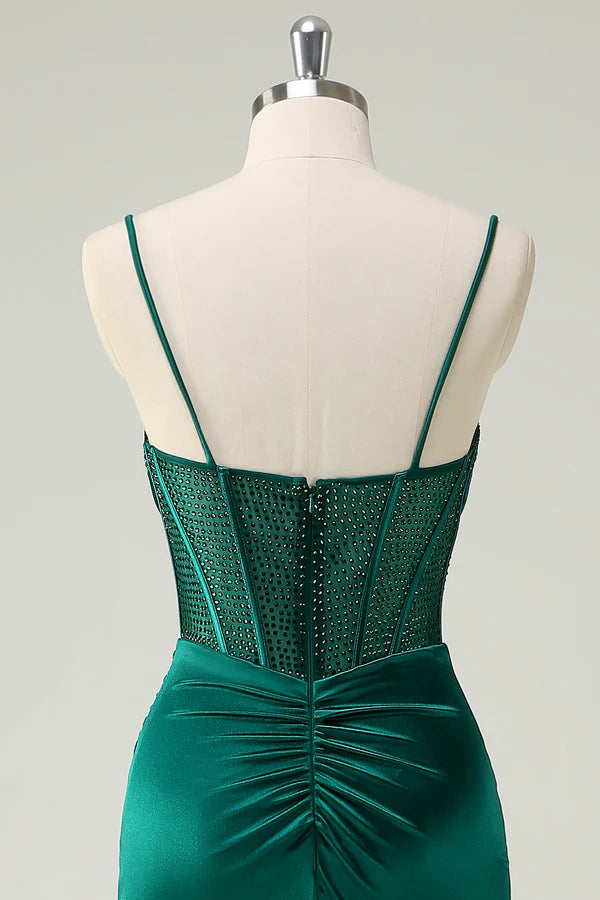 Dark Green Mermaid Spaghetti Straps Corset Long Prom Dress With Slit simple gentle atmospheric and unique desi