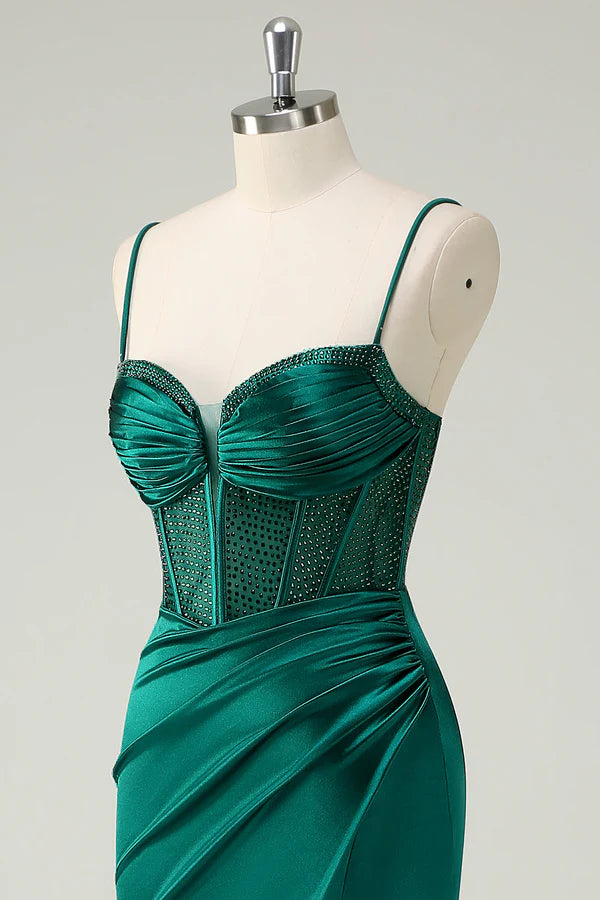 Dark Green Mermaid Spaghetti Straps Corset Long Prom Dress With Slit simple gentle atmospheric and unique desi