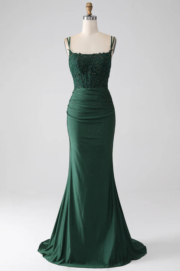 Dark Green Mermaid Spaghetti Straps Long Corset Prom Dress simple gentle atmospheric and unique desi