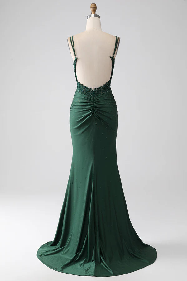 Dark Green Mermaid Spaghetti Straps Long Corset Prom Dress simple gentle atmospheric and unique desi