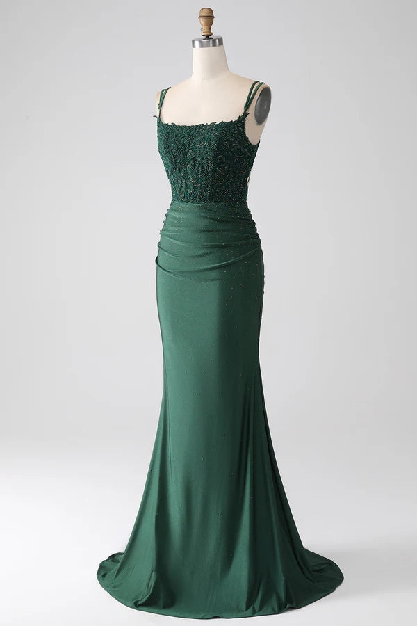 Dark Green Mermaid Spaghetti Straps Long Corset Prom Dress simple gentle atmospheric and unique desi