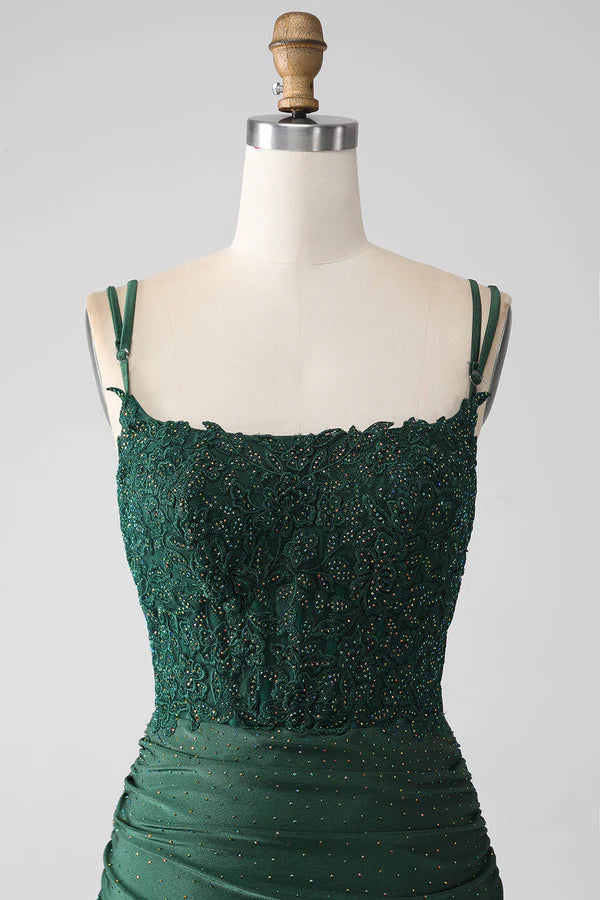 Dark Green Mermaid Spaghetti Straps Long Corset Prom Dress simple gentle atmospheric and unique desi