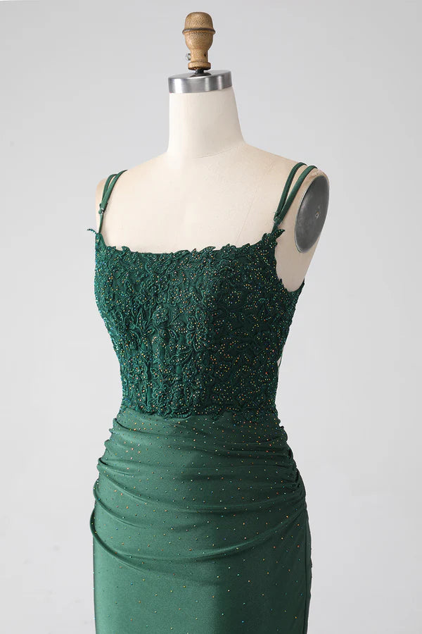 Dark Green Mermaid Spaghetti Straps Long Corset Prom Dress simple gentle atmospheric and unique desi