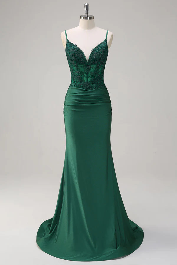 Dark Green Mermaid Spaghetti Straps Ruched Satin Long Prom Dress with Beading simple gentle atmospheric and unique desi