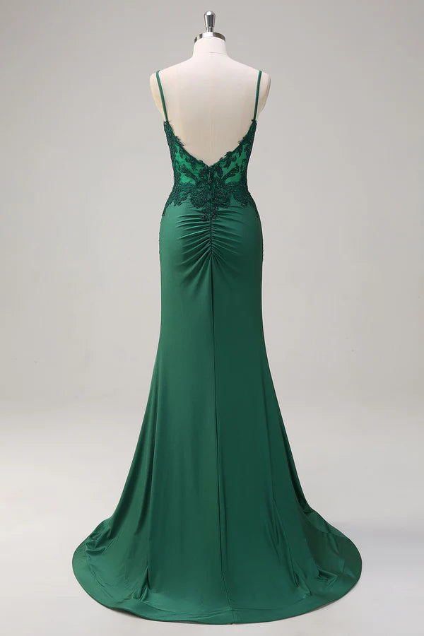 Dark Green Mermaid Spaghetti Straps Ruched Satin Long Prom Dress with Beading simple gentle atmospheric and unique desi