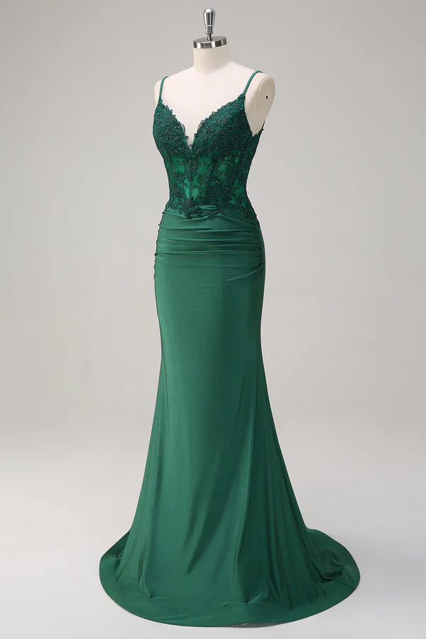 Dark Green Mermaid Spaghetti Straps Ruched Satin Long Prom Dress with Beading simple gentle atmospheric and unique desi