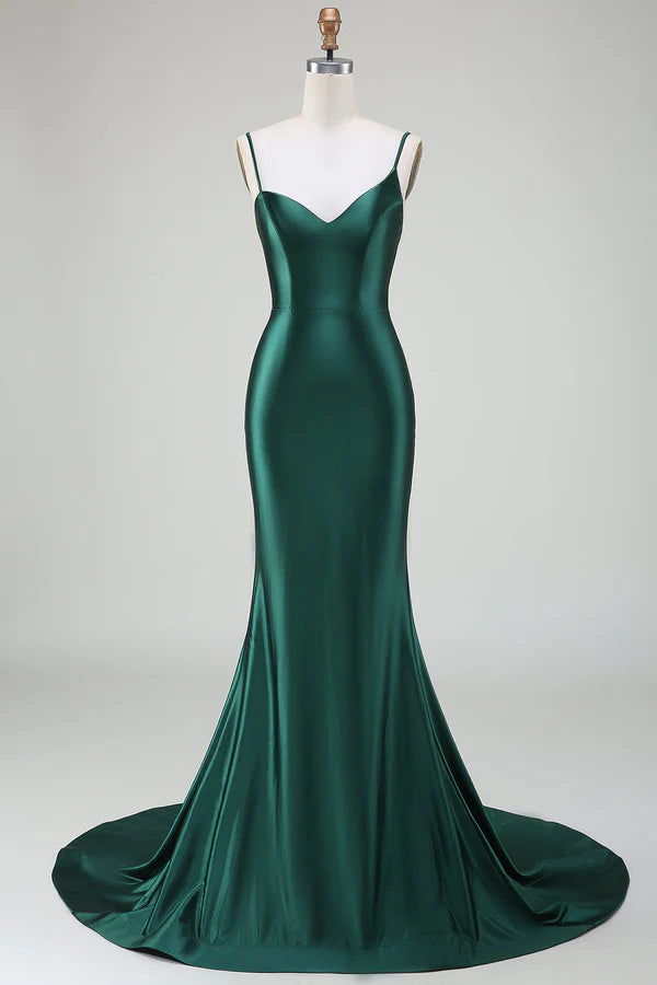 Dark Green Mermaid Spaghetti Straps Sweep Train Prom Dress simple gentle atmospheric and unique desi