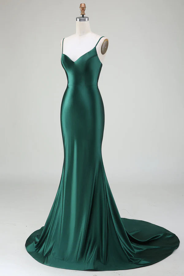 Dark Green Mermaid Spaghetti Straps Sweep Train Prom Dress simple gentle atmospheric and unique desi