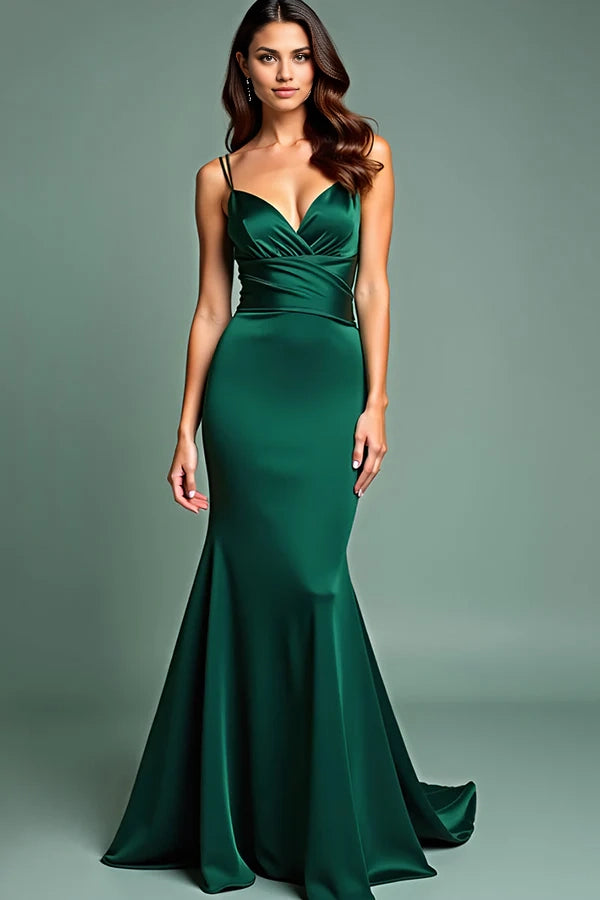 Dark Green Satin Spaghetti Straps Long Prom Dress simple gentle atmospheric and unique desi Bring summer colors to enhance whiteness