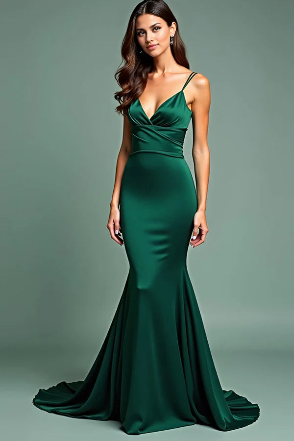 Dark Green Satin Spaghetti Straps Long Prom Dress simple gentle atmospheric and unique desi Bring summer colors to enhance whiteness