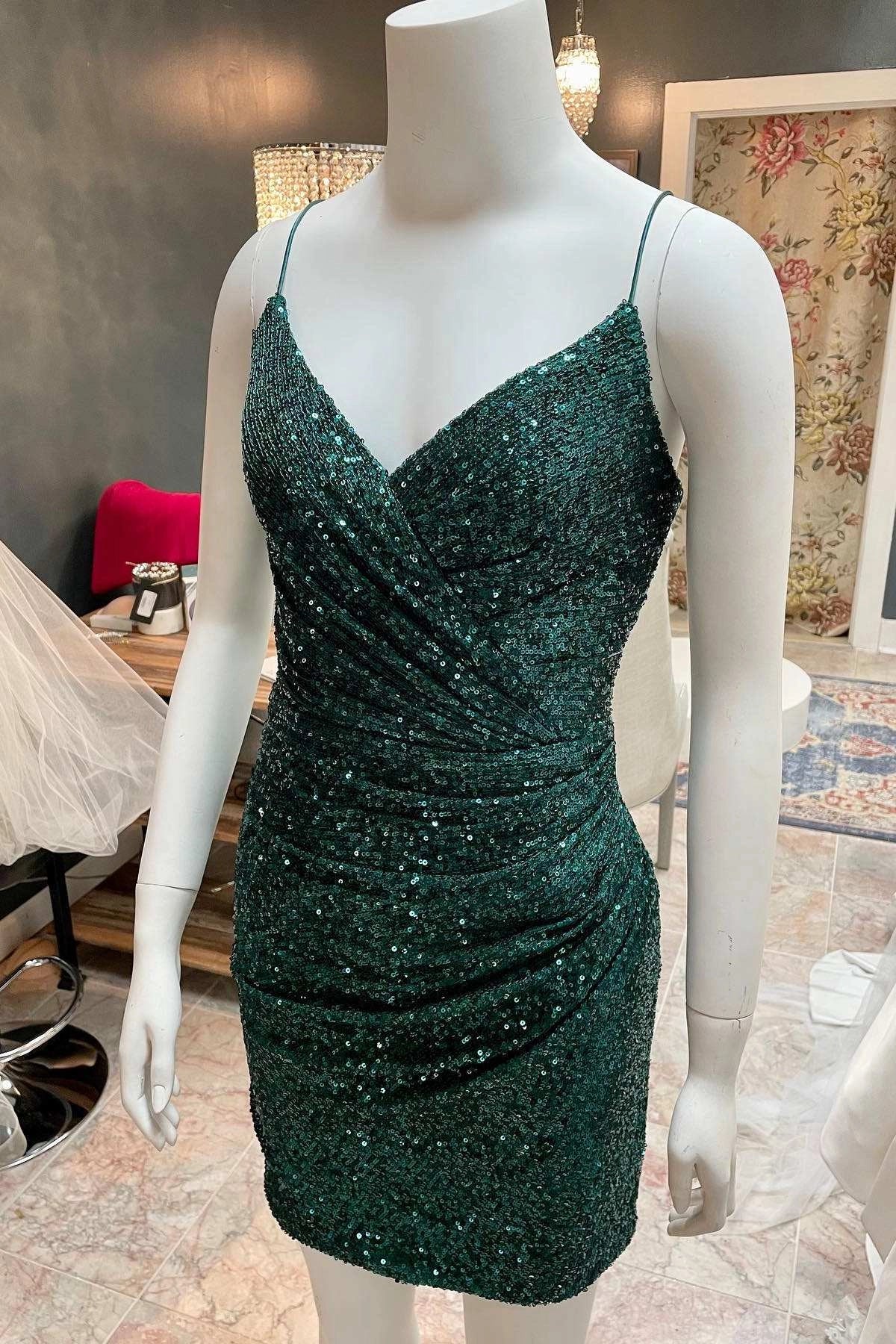 Dark Green Sequin Spaghetti Straps Ruched Cocktail Dress Mini Prom Dresses simple gentle atmospheric and unique desi Bring summer colors to enhance whiteness