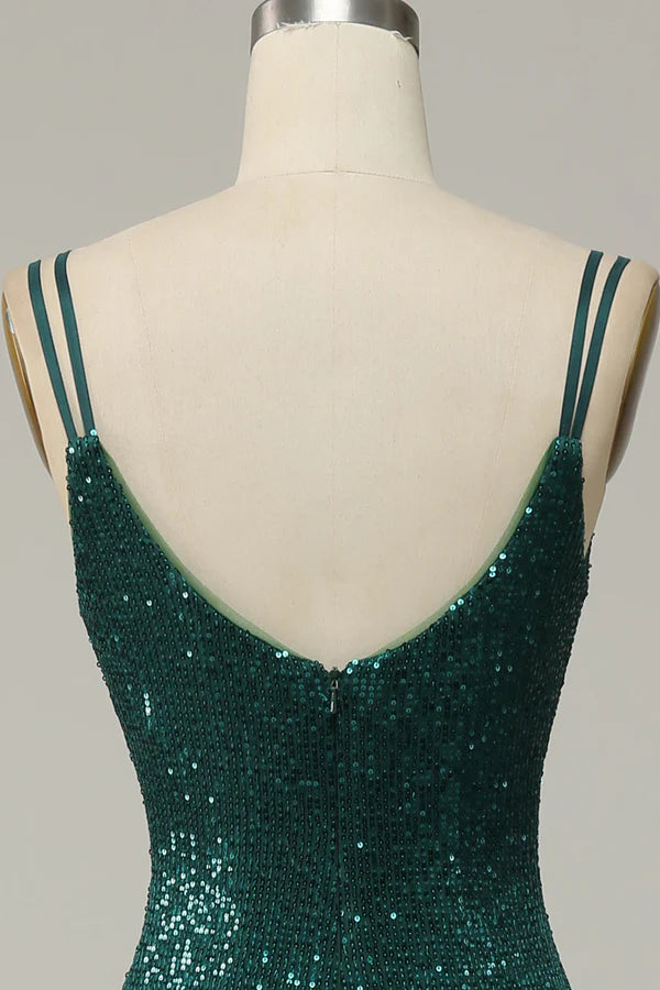 Dark Green Sequined Spaghetti Straps Prom Dress With Slit Simple gentle atmospheric and unique design