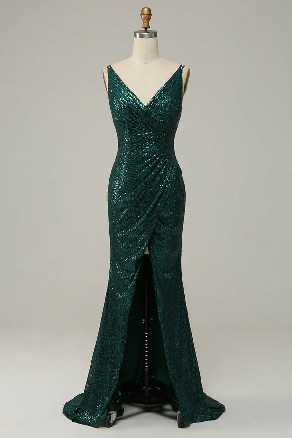 Dark Green Sequined Spaghetti Straps Prom Dress With Slit Simple gentle atmospheric and unique design