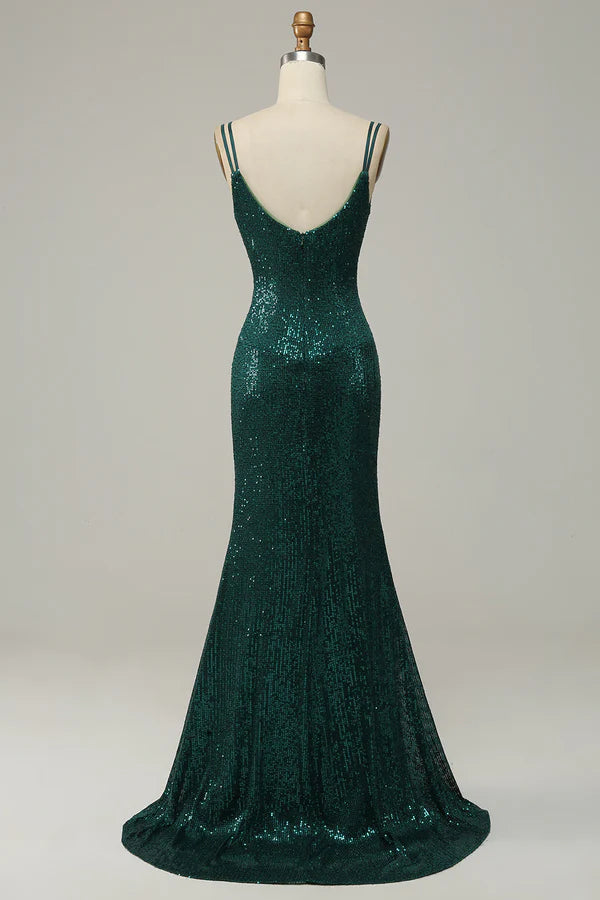 Dark Green Sequined Spaghetti Straps Prom Dress With Slit Simple gentle atmospheric and unique design