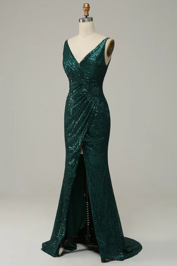 Dark Green Sequined Spaghetti Straps Prom Dress With Slit Simple gentle atmospheric and unique design